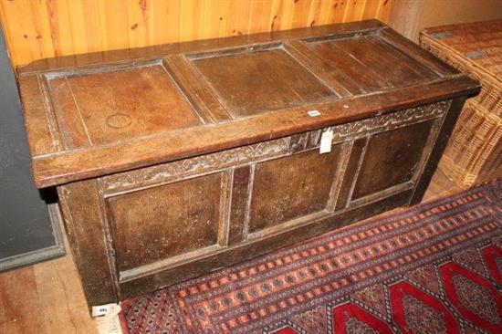 Late 17th century panelled oak coffer, lunette-carved (faults)